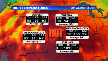 This weekend shows hot, humid conditions taking over central areas of the United States. (I created this graphic in CNN Domestic) 