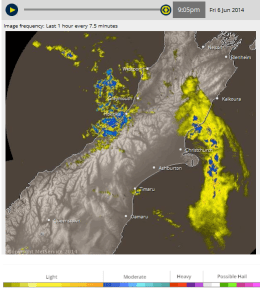 Radar from today at 9:05 pm local time (Hokitika, New Zealand). See the rain shadow?! All of the rain’s coming from the windward side of the mountains over to the leeward side. Light Westerly winds, 10 mph at max.